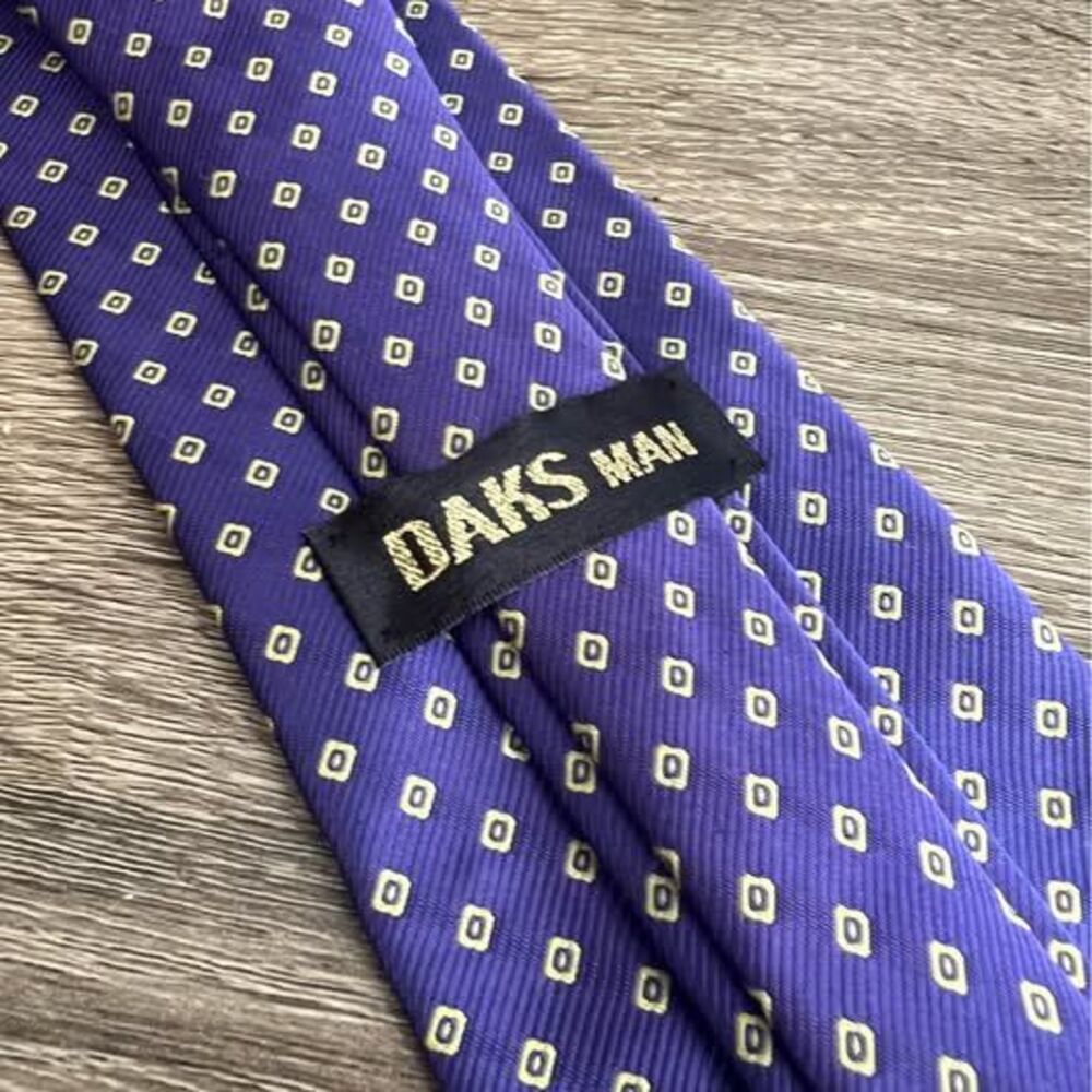 Vintage DAKS MAN Purple Silk Tie Gold Geometric Square Print British Designer